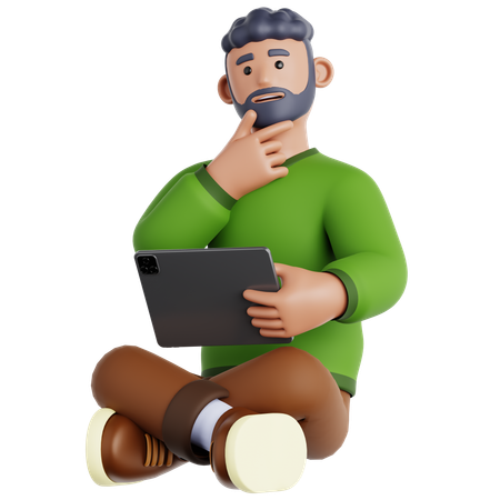 Man Sitting with a Tought and Holding Tablet  3D Illustration