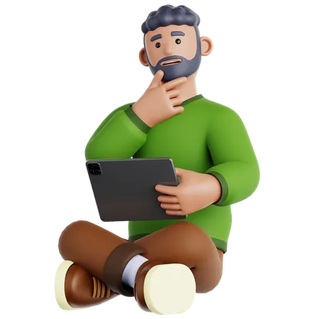 Man Sitting with a Tought and Holding Tablet  3D Illustration