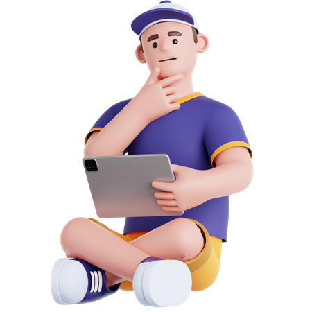 Man Sitting with a Tought and Holding Tablet  3D Illustration