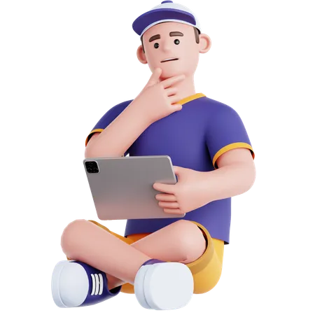 Man Sitting with a Tought and Holding Tablet  3D Illustration