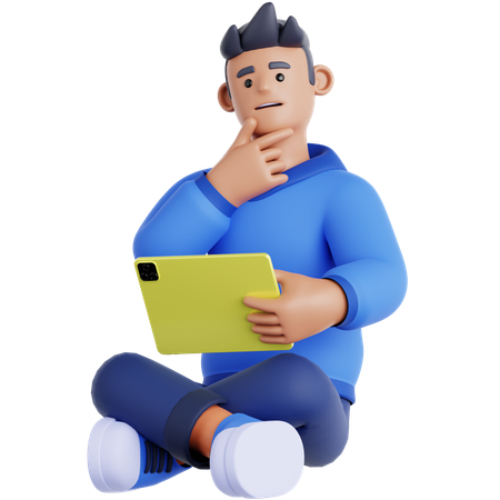 Man Sitting with a Tought and Holding Tablet  3D Illustration