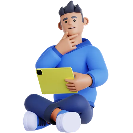 Man Sitting with a Tought and Holding Tablet  3D Illustration