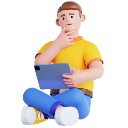 Man Sitting with a Tought and Holding Tablet  3D Illustration