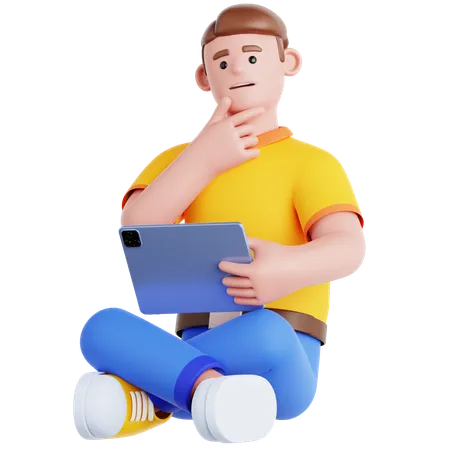 Man Sitting with a Tought and Holding Tablet  3D Illustration