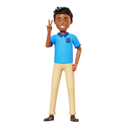 Man Smiling and showing victory sign 3D Illustration