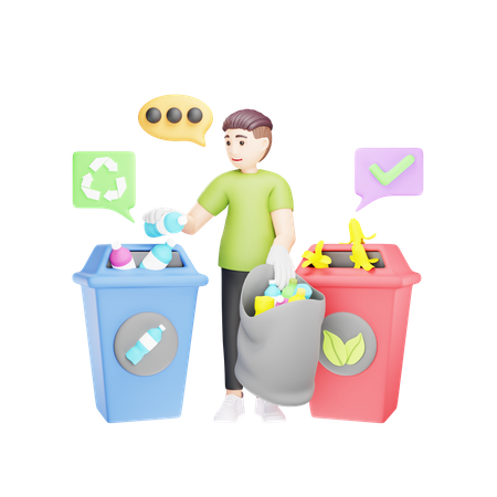 Man Sorting Organic and Non Organic Waste for Recycling  3D Illustration