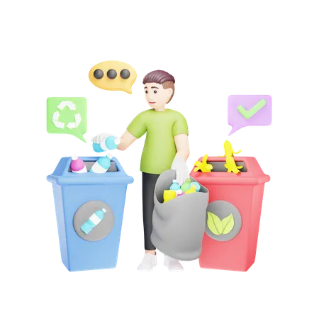 Man Sorting Organic and Non Organic Waste for Recycling  3D Illustration