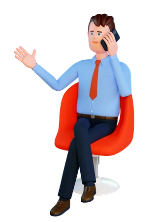 3 D Man Speaks On The Phone While Sitting In A Red Chair Businessman With Smartphone 3D Illustration