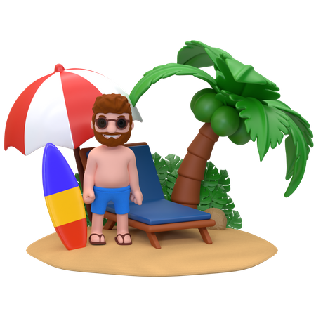 Man standing beside lounge chair on the beach  3D Illustration