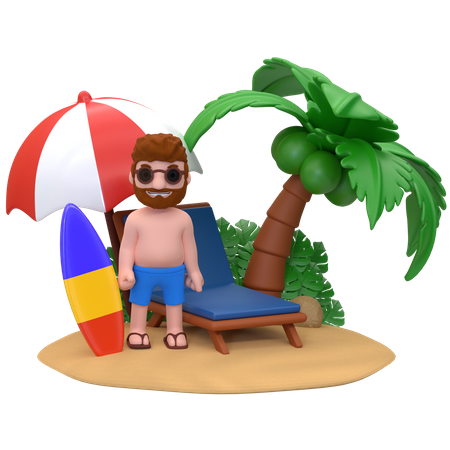 Man standing beside lounge chair on the beach 3D Illustration