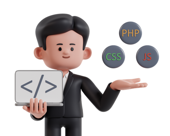 Man Standing Holding Laptop While Showing Programming Language Software  3D Icon