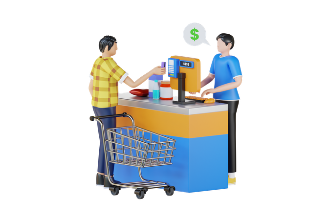 Man Standing In Checkout Line At Shopping Mall  3D Illustration