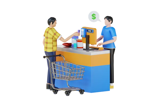 Man Standing In Checkout Line At Shopping Mall  3D Illustration