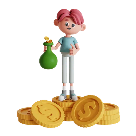 Man Standing On A Pile Of Coin While Holding Money Bag  3D Illustration