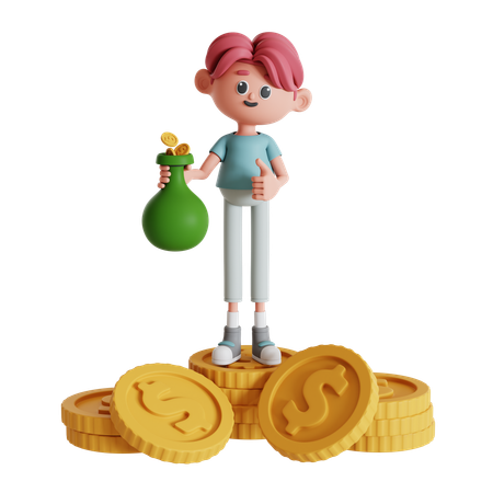 Man Standing On A Pile Of Coin While Holding Money Bag  3D Illustration