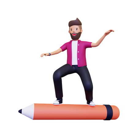 Man Standing On Large Pencil  3D Illustration