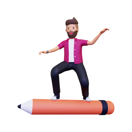 Man Standing On Large Pencil  3D Illustration