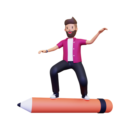 Man Standing On Large Pencil 3D Illustration