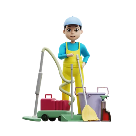 Man Standing With Cleaning Tool  3D Illustration