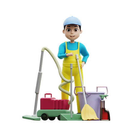 Man Standing With Cleaning Tool  3D Illustration