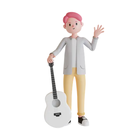 Man standing with guitar 3D Illustration