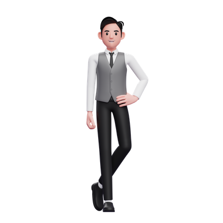 Man standing with hand on waist and legs crossed wearing a gray office vest  3D Illustration