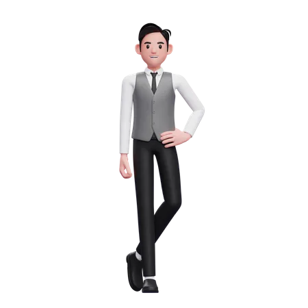 Man standing with hand on waist and legs crossed wearing a gray office vest  3D Illustration