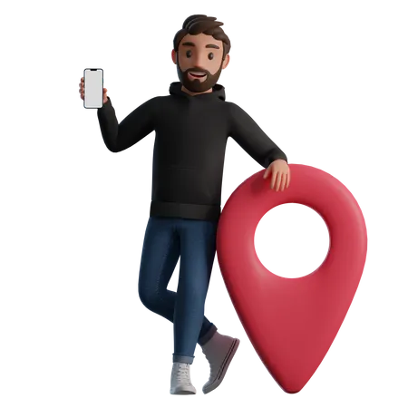Man stands next to a geotag  3D Illustration