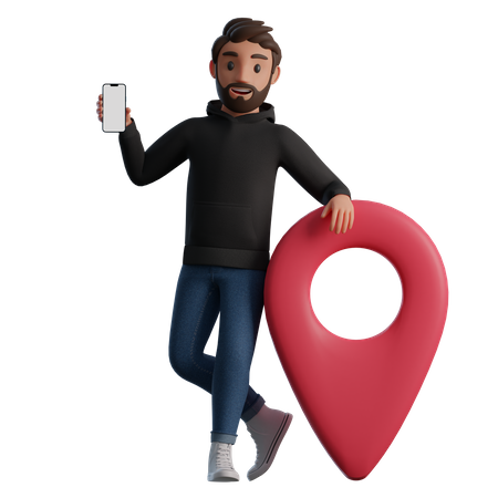 Man stands next to a geotag 3D Illustration