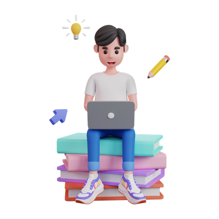 Man Studying On Laptop While Sitting On Books  3D Illustration