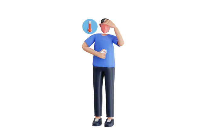 Man Suffering From Fever 3 D Illustration Man In Fever With A High Temperature As A Symptom Of Flu 3D Illustration