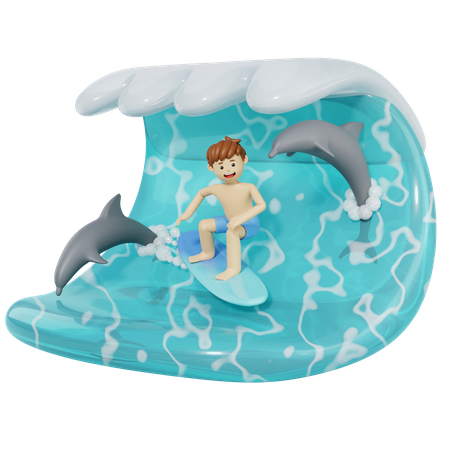 Man Surfing In Sea Wave  3D Illustration