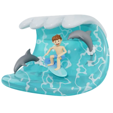 Man Surfing In Sea Wave  3D Illustration