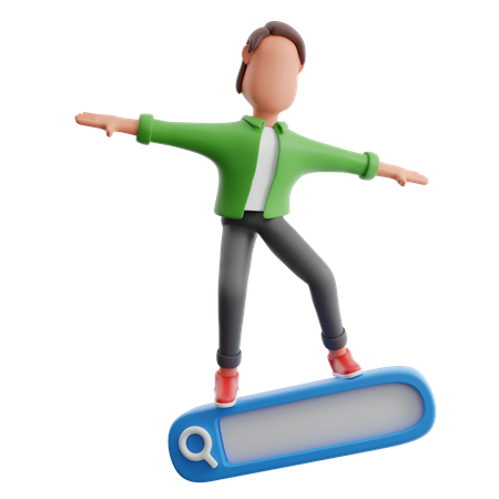 Man Surfing On Search Bar  3D Icon