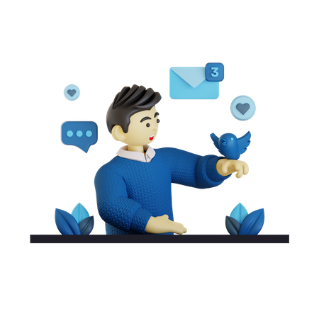 Man surfing on Twitting  3D Illustration