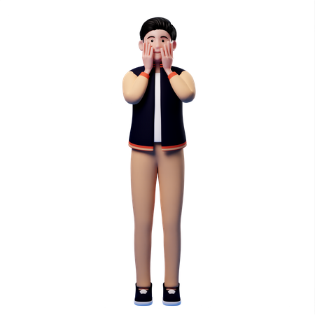 Man surprised and put both hands on cheeks 3D Illustration