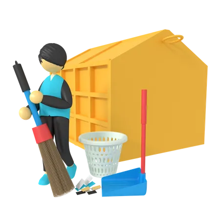 Man sweeping  trash with broom stick  3D Illustration