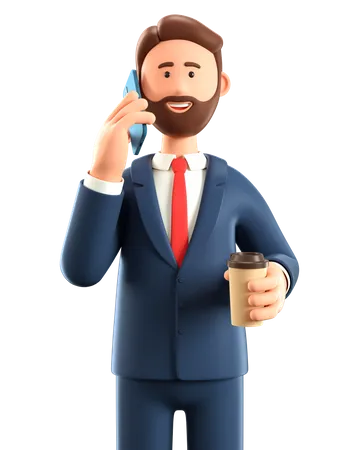 3 D Illustration Of Happy Man Talking On The Phone Clartoon Smiling Businessman Using Smartphone And Holding Coffee Cup 3D Illustration
