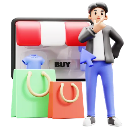 Man thinking about online shopping  3D Illustration
