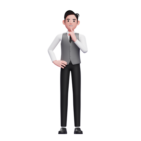 Man thinking pose standing with hand on waist wearing a gray office vest  3D Illustration