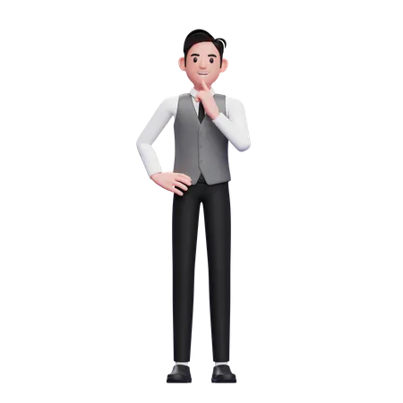 Man thinking pose standing with hand on waist wearing a gray office vest  3D Illustration