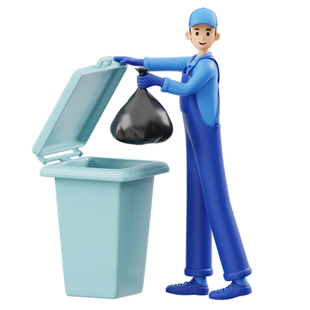 Man Throwing Garbage In Trash Bin  3D Illustration