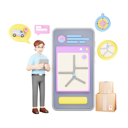 Man tracking delivery location via mobile app  3D Icon
