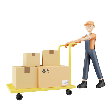 Man transporting packages on pushcart  3D Illustration