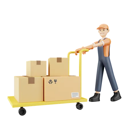 Man transporting packages on pushcart  3D Illustration