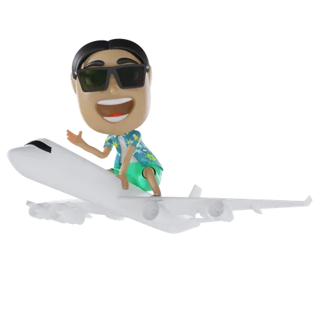 Man Travelling By Plane  3D Illustration