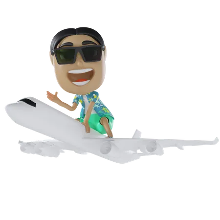 Man Travelling By Plane 3D Illustration