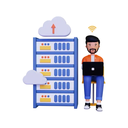 3 D Cloud Hosting With Male Character Using Laptop 3D Illustration