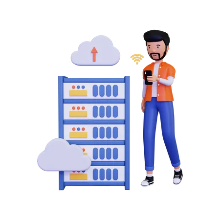 3 D Cloud Hosting With A Male Character Using A Smartphone 3D Illustration