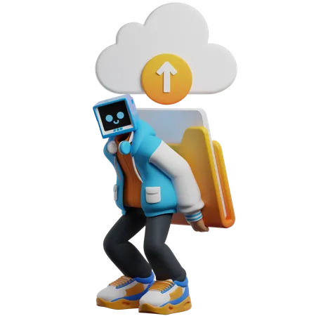 Man Uploads A File Folder To Cloud  3D Illustration
